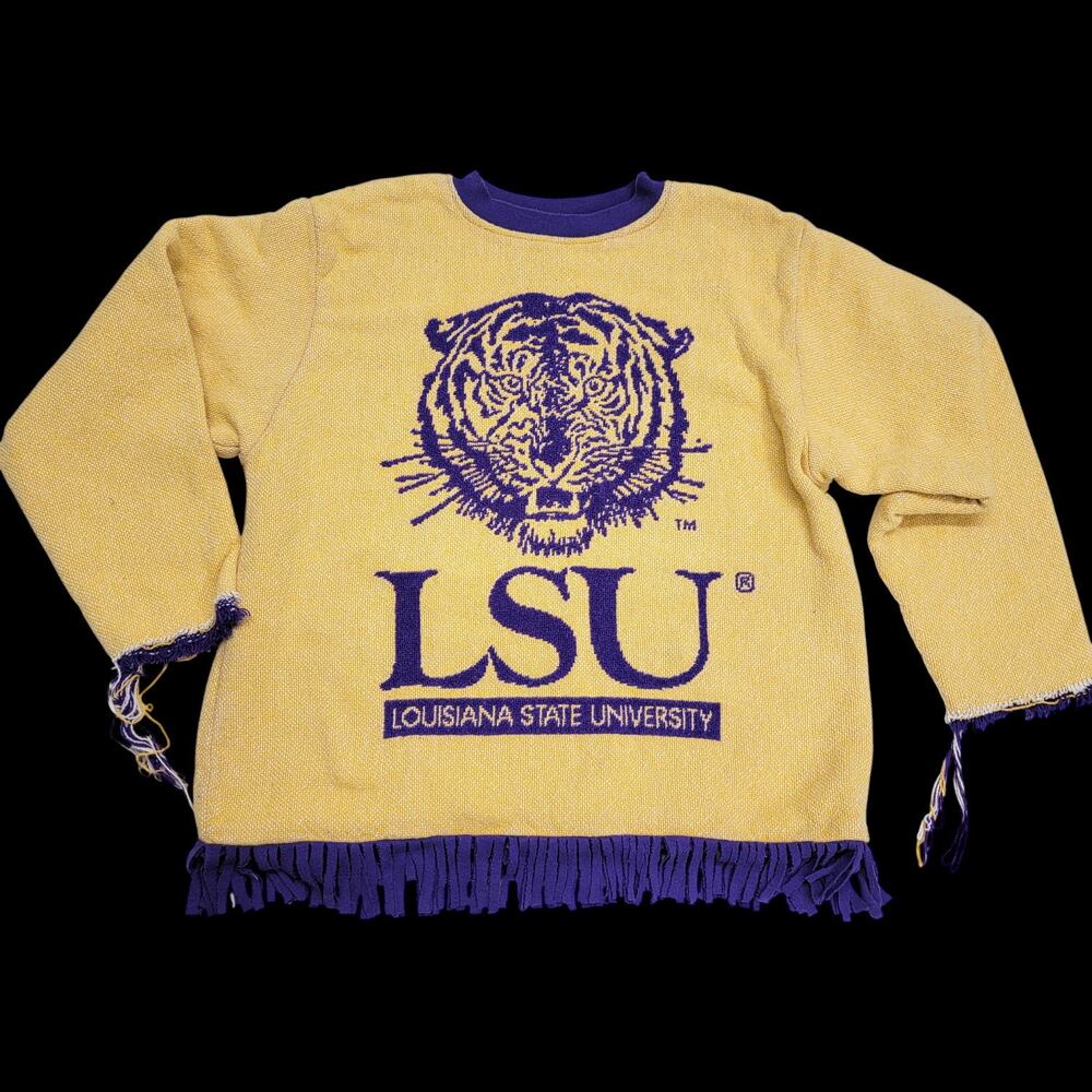Vintage Riddle & Cockrell LSU Tigers Tapestry Sweatshirt Large Fringe Woven 90s